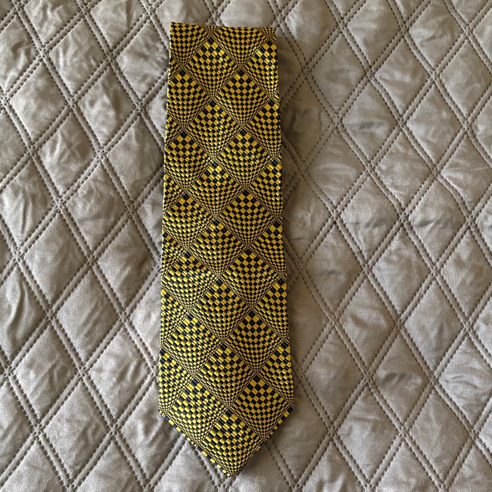 Format Gold & Black Checkered Geometric Fanning Design Silk Tie Made in Italy